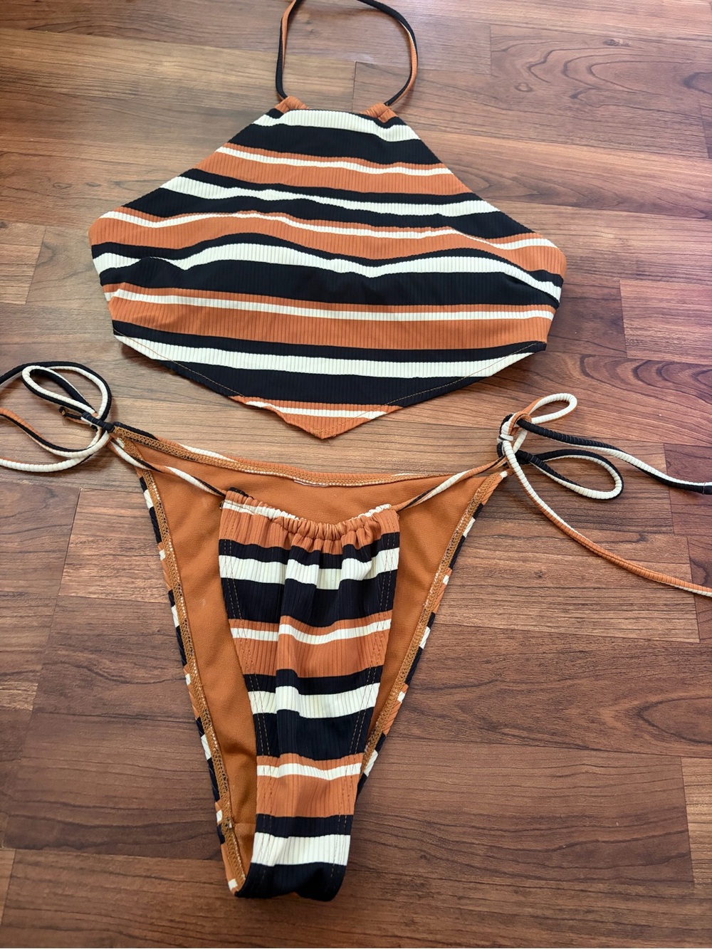 Forever 21 Striped Halter Bikini Set in Rust, Black & Cream - Picture 2 of 5